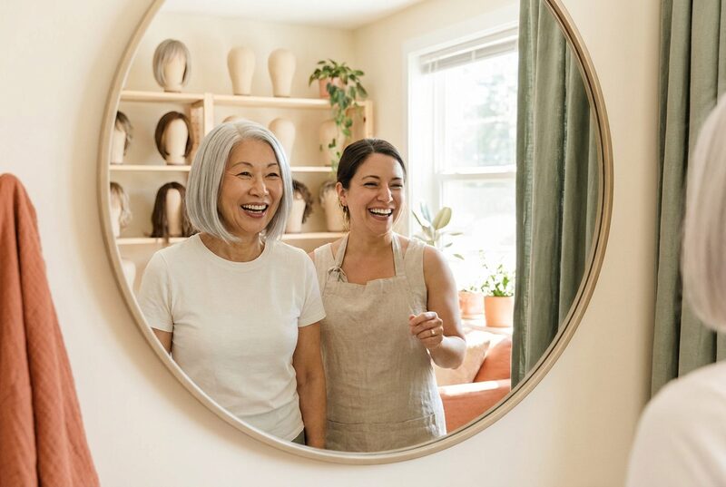 A smiling woman with a silver bob looks in a round mirror while a wig fitter laughs beside her.