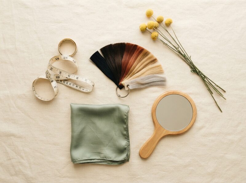 A tape measure, hair colour swatches from black to silver, a sage silk scarf and a small mirror on linen.