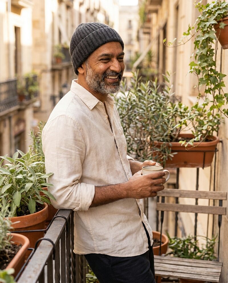 A man in a soft knit beanie smiles on a sunny balcony, coffee in hand.