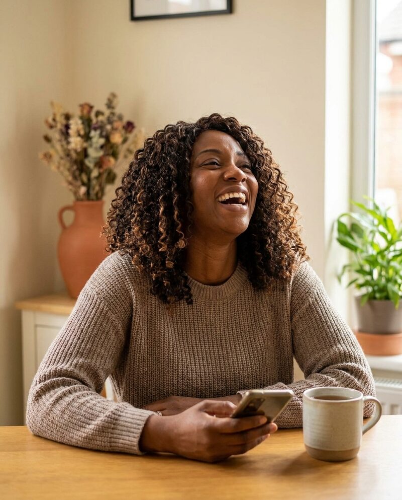 A woman with full curly hair laughs at her kitchen table, phone in hand.